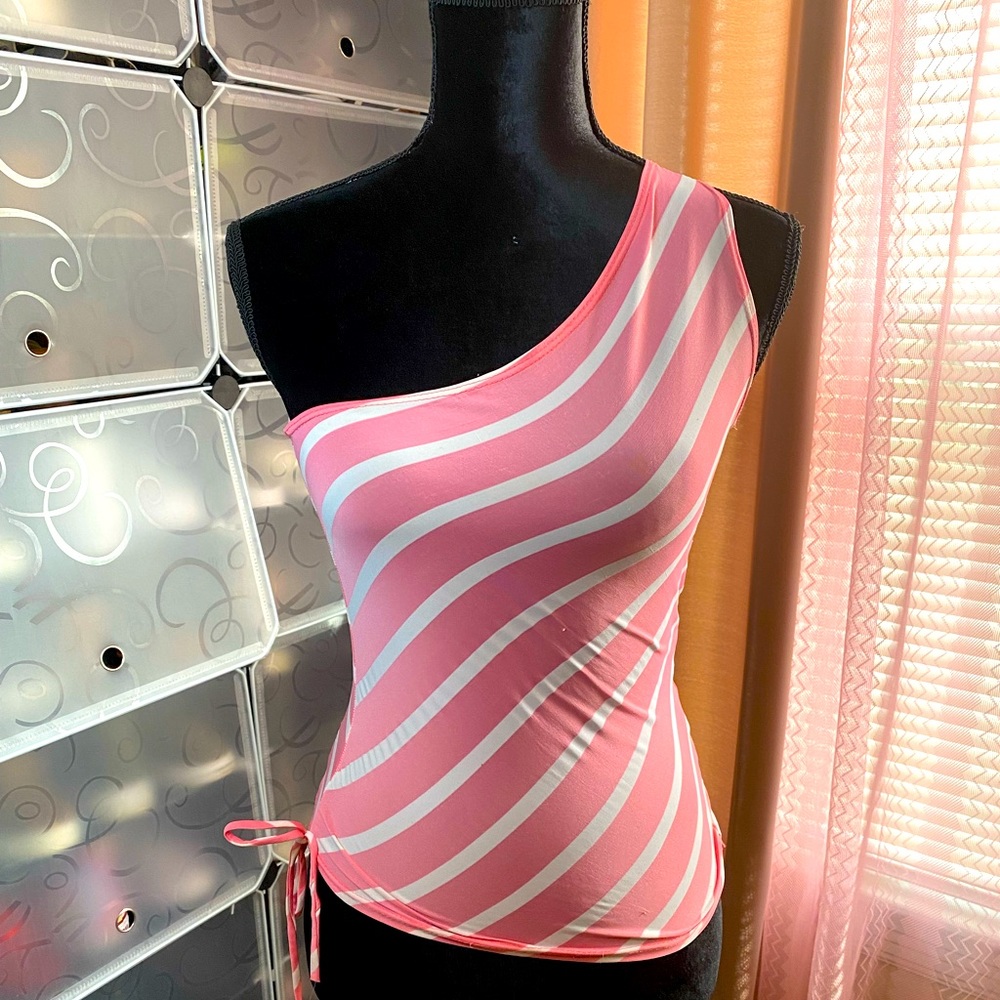 Pink & White Striped One Shoulder Sleeve, Soft& Stretchy